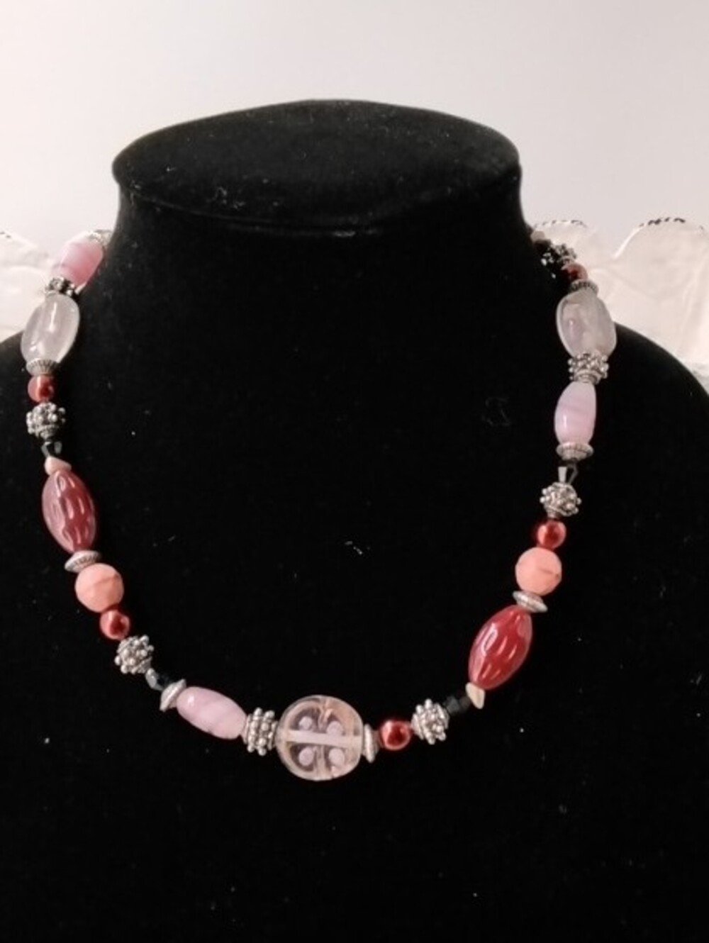 Chico's Maroon & Silver Tone Glass Bead Necklace with Hand Blown Glass Accents